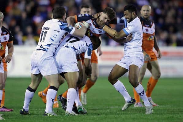 George Lawler is tackled during Tigers' win over Toulouse last week. Picture by John Clifton/SWpix.com.