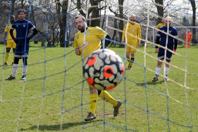 Nathan Swires scores from the penalty spot for Harehills WMC in the 8-1 Leeds Combination Division 2 win over West Yorkshire Falcons. Picture: Steve Riding.