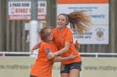 Ellie White celebrates with Brighouse Town top scorer Leah Embley. Pic: Ray Spencer.