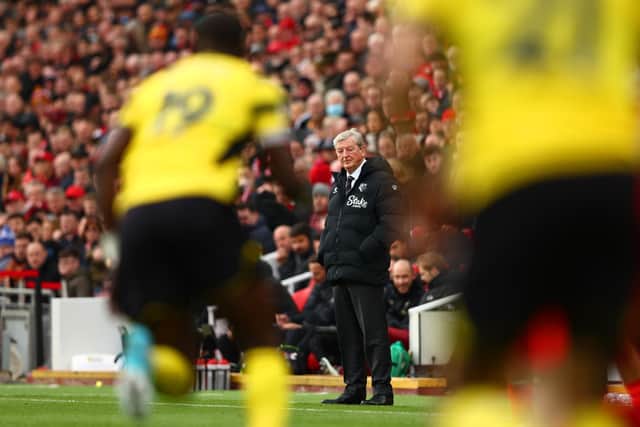 Watford boss Roy Hodgson watches on during the Hornets' 2-0 defeat to Liverpool at Anfield. Pic: Clive Brunskill.