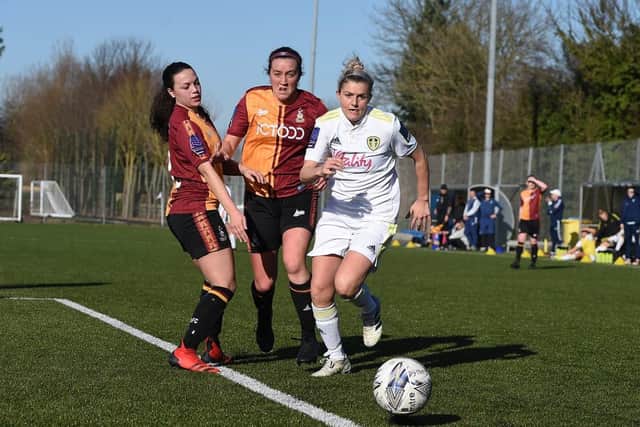 Leeds United midfielder Sarah Danby, who has scored four goals on United's route to the final, pursues the ball during the Whites' 3-1 semi-final win against Bradford City. Pic: LUFC.