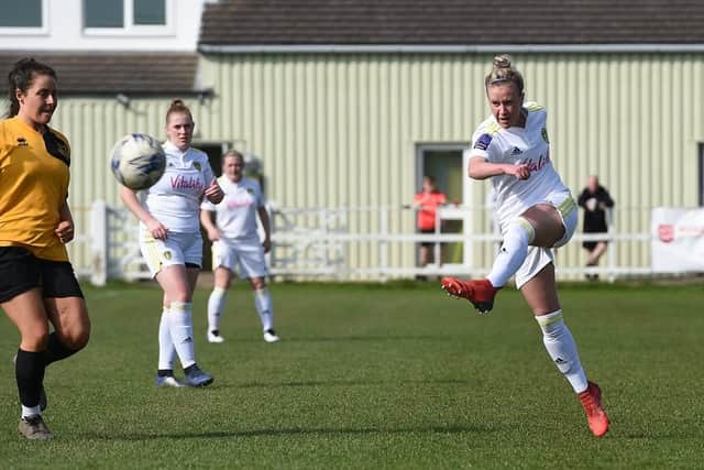 Leeds United full-back Olivia Smart plays the ball against Norton and Stockton Ancients. Pic: LUFC.
