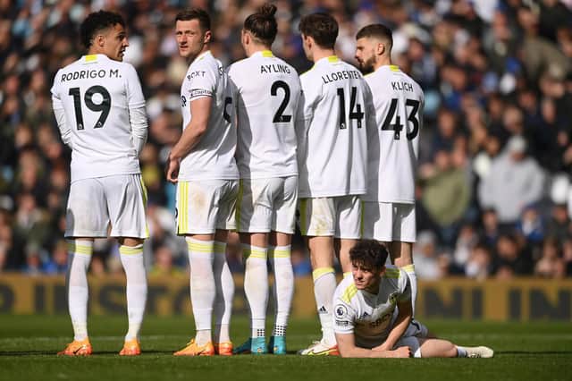 Leeds United line up to defend a free kick moments before James Ward Prowse equalised for Southampton. Pic: Stu Forster.