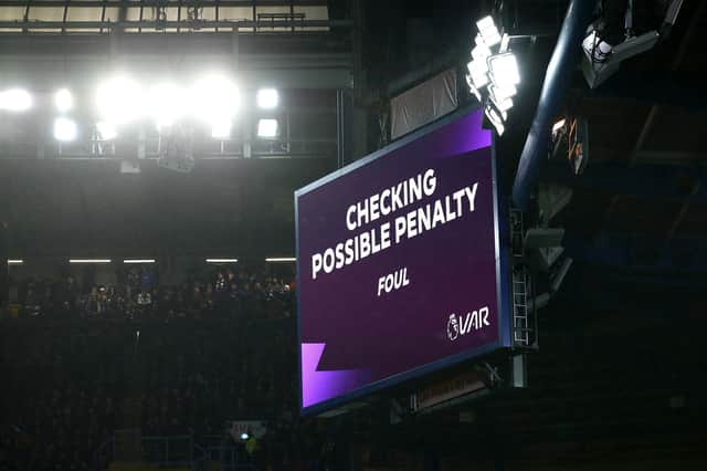 A VAR check is carried out during Chelsea v Leeds in December 2021. Pic: Marc Atkins.