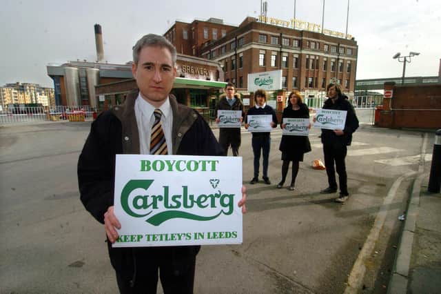 Greg Mulholland, Leeds North West MP protesting about the closure of Tetley's Brewery, with, from the left, Robert Dale, Jules O'Dwyer, Katherine Bavage and Richard Whitmill. Photo: Mark Bickerdike