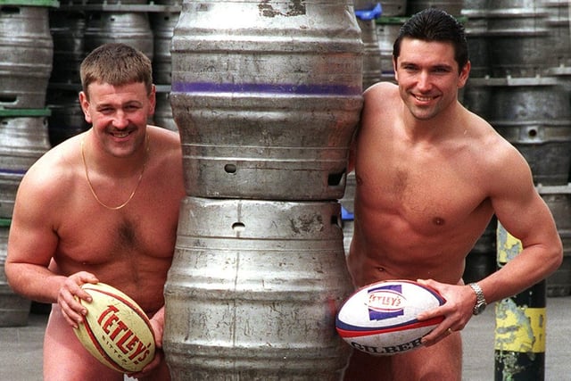 West Leeds RU's Gary Gatenby, left , and Phil Ounsley of Huddersfield YMCA RU doing the 'Fully Monty' at Tetley's Brewery in September 1998 ahead of the final of the Tetley's Bitter Vase.