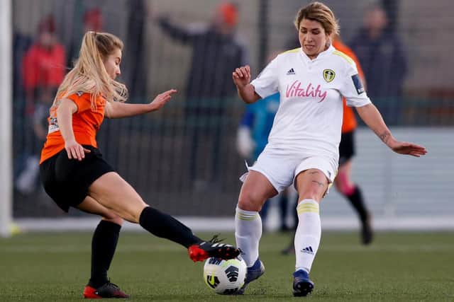 Leeds United midfielder Kathryn Smith on the ball during the Whites' County Cup final defeat to Brighouse Town. Pic: LUFC.