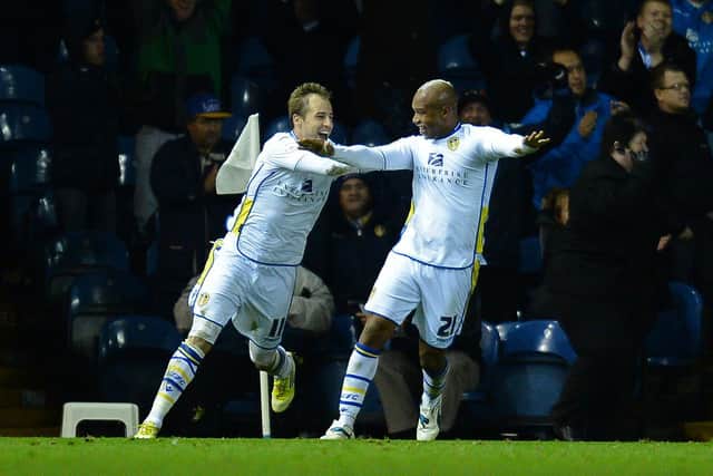 Leeds United attackers El Hadji Diouf and Luke Varney celebrate. Pic: Andrew Yates.