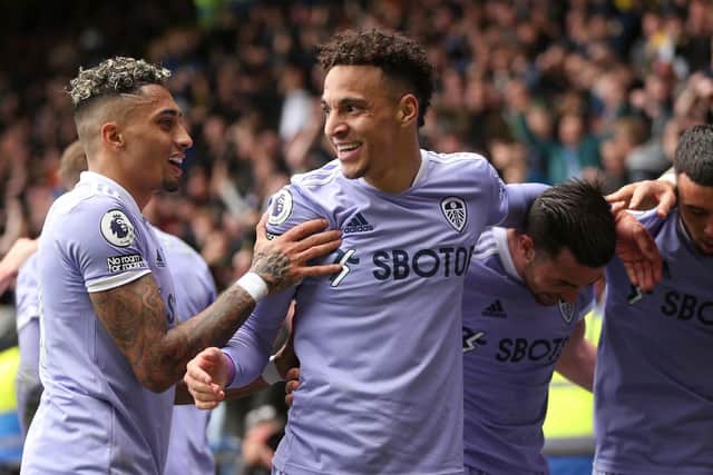 Rodrigo celebrates scoring Leeds United's second goal against Watford. Pic: Alex Morton.