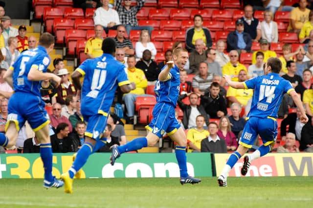 LANDMARK STRIKE: Leeds United captain Richard Naylor, centre, celebrates netting the only goal of the game on his 450th career appearance to give Simon Grayson's Whites a 1-0 triumph at Watford back in August 2010. Picture by Bruce Rollinson.
