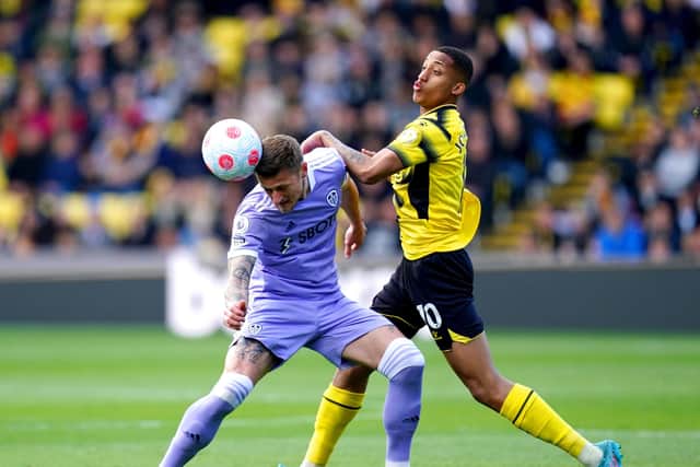 Leeds United's Liam Cooper and Watford's Joao Pedro battle for the ball. Picture: John Walton/PA Wire.