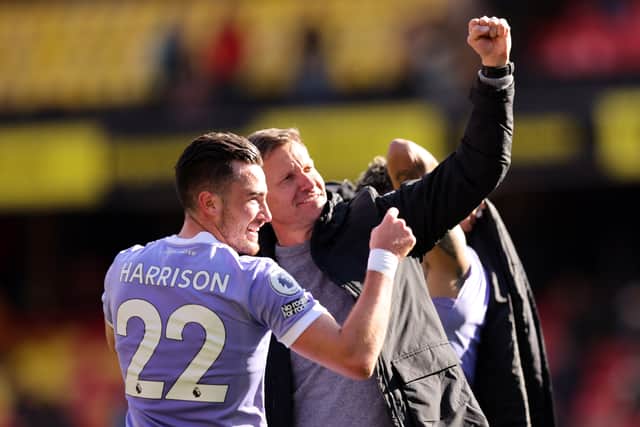 Jack Harrison and Jesse Marsch acknowledge the Leeds United fans at Watford. Picture: Alex Morton/Getty Images.