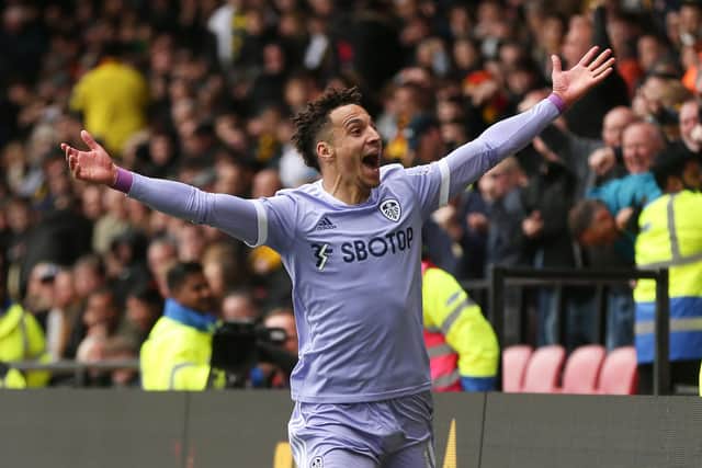 Rodrigo celebrates after scoring Leeds United's second goal at Watford. Picture: Alex Morton/Getty Images.