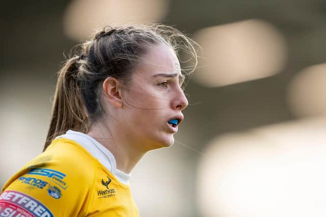 Fran Goldthorp pounced on a Warrington Wolves error to claim a try in Leeds Rhinos' 40-0 Challenge Cup quarter-final win. Picture: Allan McKenzie/SWpix.com.
