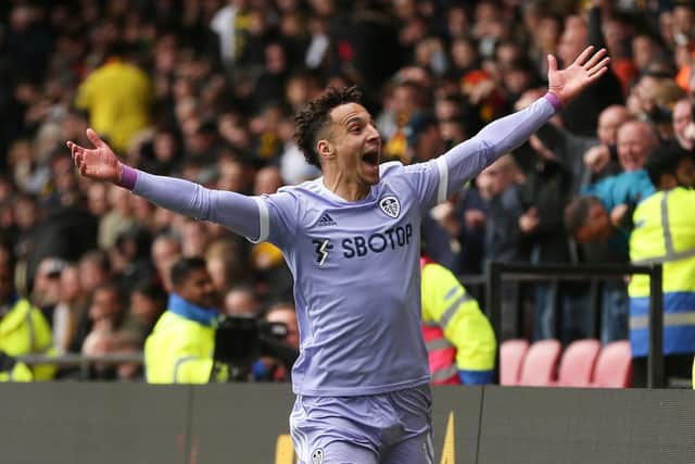 Rodrigo celebrates scoring Leeds United's second goal during the Whites' 3-0 Premier League win over Watford. Pic: Alex Morton.