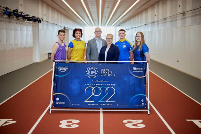 Athletes Jenson Connell, Britt Coleman, Jack Broadbent and Jess Woolston alongside dean of the college Peter Mackreth and director Sally Griffiths.