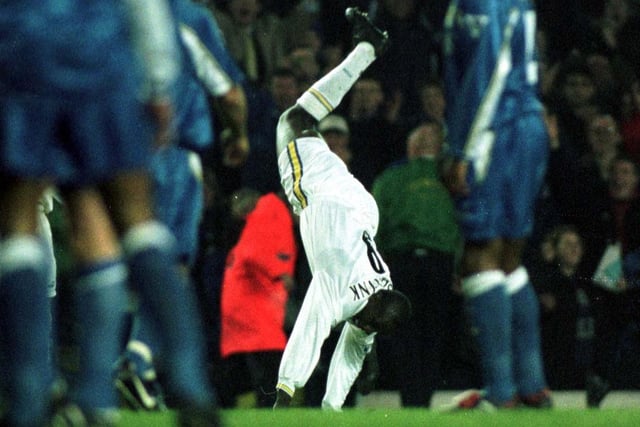 Striker Jimmy Floyd Hasselbaink celebrates one of his goals with a trademark cartwheel.