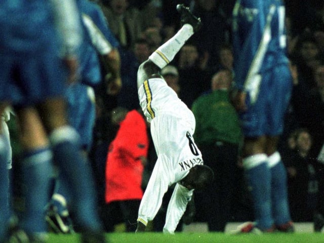 Striker Jimmy Floyd Hasselbaink celebrates one of his goals with a trademark cartwheel.