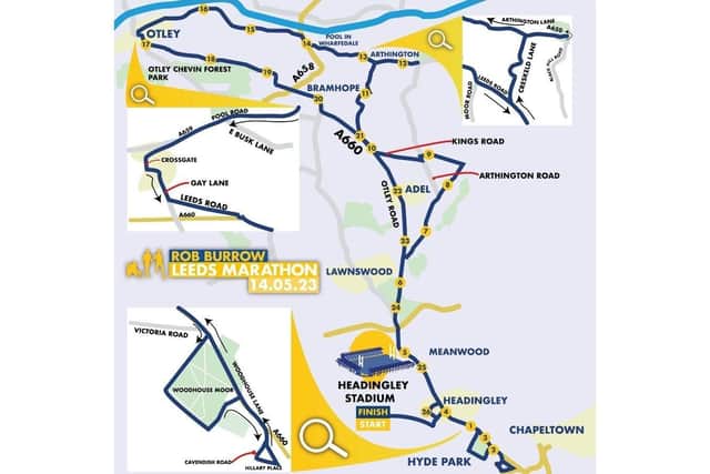 The official route map for the Rob Burrow Leeds Marathon 2023.