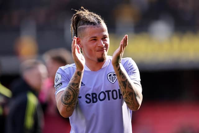 APPRECIATION: For Leeds United's travelling support from Whites star Kalvin Phillips, pictured applauding the visiting Whites contingent after Saturday's 3-0 win at Watford. Photo by Alex Morton/Getty Images.