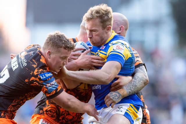 Leeds Rhinos prop Matt Prior runs into trouble in the recent Challenge Cup defeat to Castleford Tigers. The sides meet in Super League on Easter Monday. Picture: Allan McKenzie/SWpix.com.