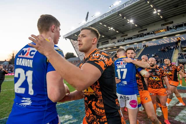 Commiserations for Leeds Rhinos players and congratultaions for Castleford Tigers players after the sides' recent Challenge Cup meeting. The sides meet again, in Super League, on Easter Monday. Picture: Allan McKenzie/SWpix.com.