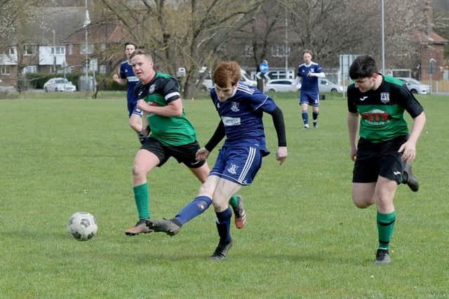 Robafadzo Noah shoots for Leeds City FC IV in their 1-1 Yorkshire Amateur Division 5 draw at North Leeds Reserves. Picture: Steve Riding
