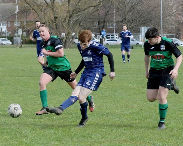 Robafadzo Noah shoots for Leeds City FC IV in their 1-1 Yorkshire Amateur Division 5 draw at North Leeds Reserves. Picture: Steve Riding