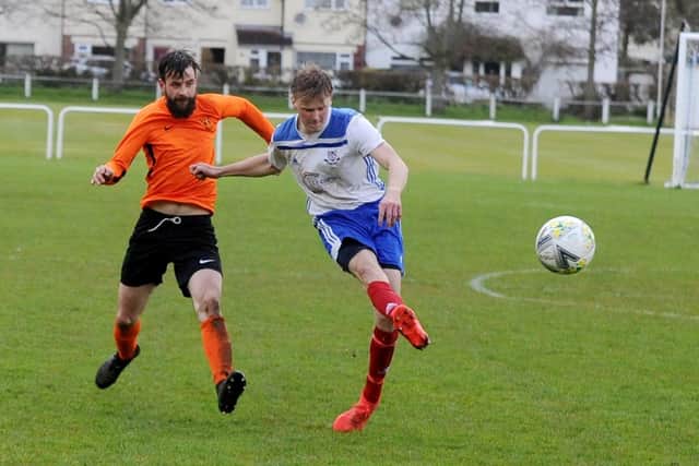 Pool goalscorer William Pallister unleashes a shot in his side's 11-1 West Yorkshire Division 1 win over East End Park. Picture: Steve Riding.