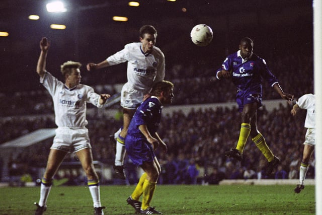 David Wetherall heads home against Chelsea at Elland Road in March 1993. The game finished 1-1.
