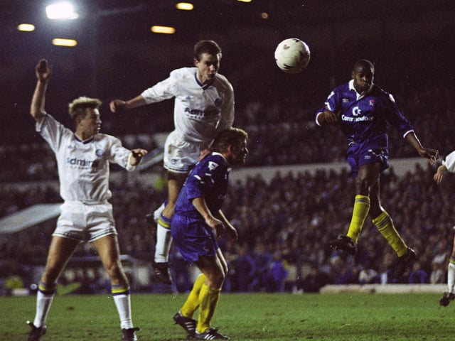 David Wetherall heads home against Chelsea at Elland Road in March 1993. The game finished 1-1.