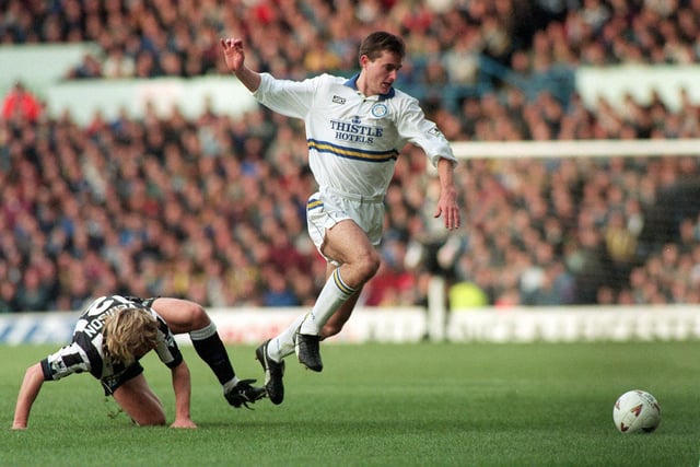 David Wetherall makes to break free during Leeds United's Premier League clash against Newcastle United at Elland Road in DEcember 1994. The game finished goalless.