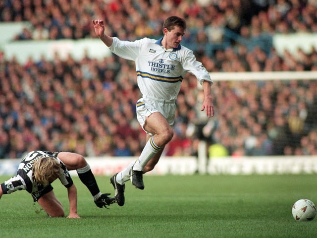 David Wetherall makes to break free during Leeds United's Premier League clash against Newcastle United at Elland Road in DEcember 1994. The game finished goalless.