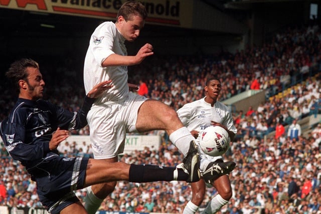 David Wetherall fires towards goal during Leeds United's Premier League clash against Queens Park Rangers at Elland Road in September 1995. He scored in a 3-1 defeat.