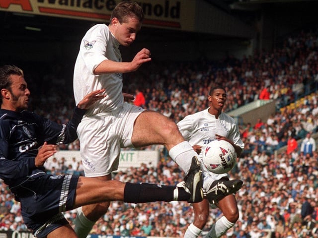 David Wetherall fires towards goal during Leeds United's Premier League clash against Queens Park Rangers at Elland Road in September 1995. He scored in a 3-1 defeat.