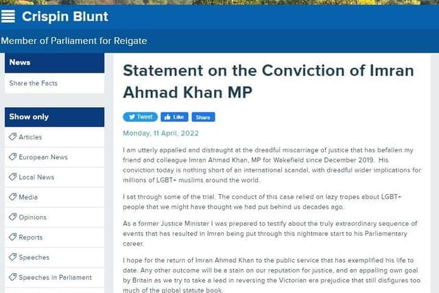 Pictured is the full statement published by MP Crispin Blunt, now deleted from his website.