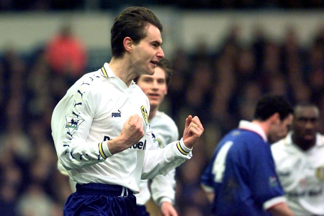 David Wetherall celebrates scoring during the FA Cup fourth round clash against Portsmouth at Fratton Park in January 1999. Leeds won 5-1.