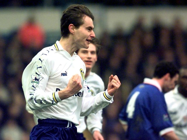 David Wetherall celebrates scoring during the FA Cup fourth round clash against Portsmouth at Fratton Park in January 1999. Leeds won 5-1.