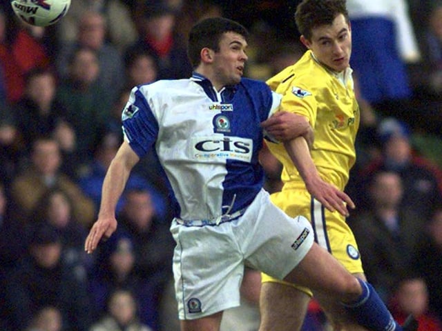 David Wetherall gets the better of Blackburn's Jeff Kenna during the Premier League clash at Ewood Park in January 1999. The Whites lost 1-0.