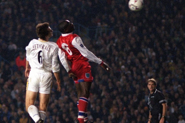 David Wetherall rises above Reading's Linvoy Primus to score for Leeds United in the fourth round of the Coca-Cola Cup at Elland Road in November 1997. The Whites lost 3-2.