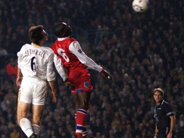 David Wetherall rises above Reading's Linvoy Primus to score for Leeds United in the fourth round of the Coca-Cola Cup at Elland Road in November 1997. The Whites lost 3-2.
