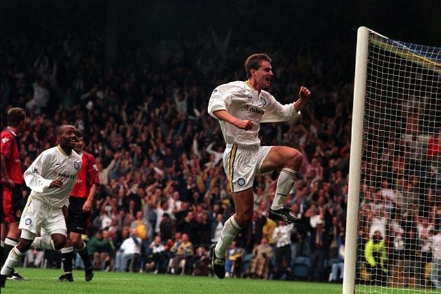 David Wetherall celebrates scoring against Manchester United at Elland Road in September 1994. The Whites won 2-1.