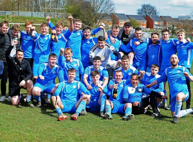 Whitkirk Wanderers Blues celebrate after winning Division Four of the Leeds Combination League with a 3-1 win against Beeston Parkside. PIcture: Steve Riding.
