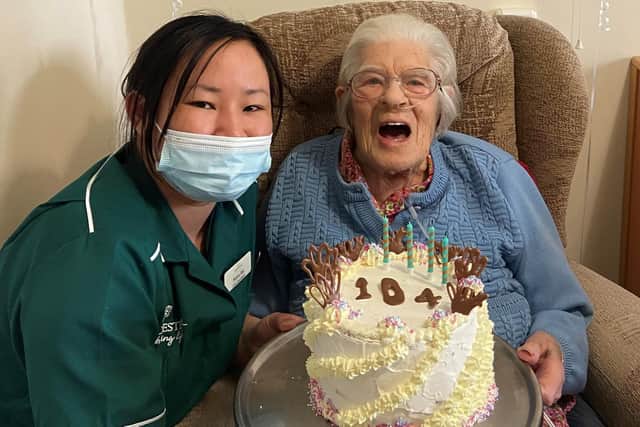 Joyce was joined by staff, relatives, friends and other residents as she marked her special day of turning 104 in style.