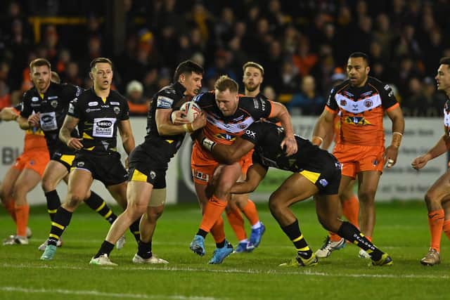 Joe Westerman on the attack against Salford Red Devils.Picture: Bruce Rollinson.