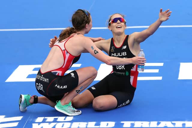 Jess Learmonth (right) celebrates finishing third with winner Georgia Taylor-Brown after the Elite Women's race during the 2019 ITU World Triathlon Series Event in Leeds. (Picture: Martin Rickett/PA Wire)