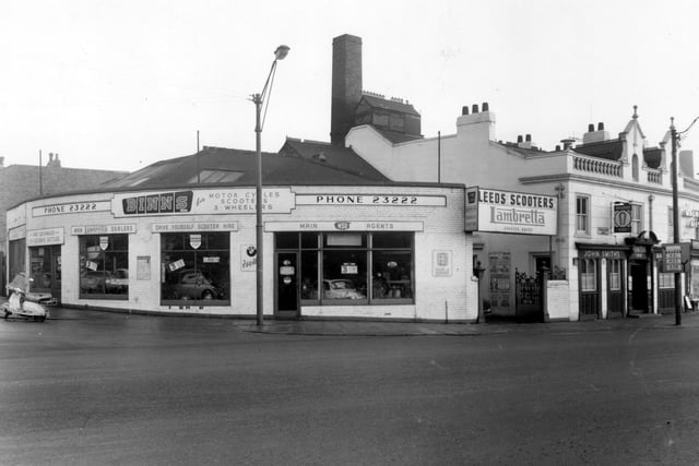 Manor Street and Sheepscar Street South in January 1961. On the left is Binns Scooters, main Lambretta dealers, on Manor Street. On the right is the John Smiths owned Pointer Inn.