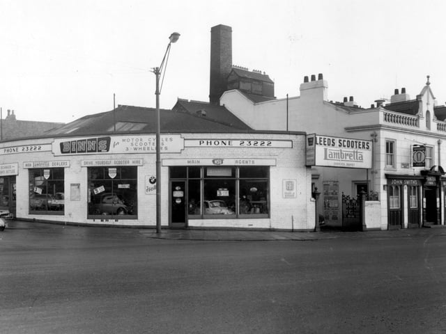 Manor Street and Sheepscar Street South in January 1961. On the left is Binns Scooters, main Lambretta dealers, on Manor Street. On the right is the John Smiths owned Pointer Inn.