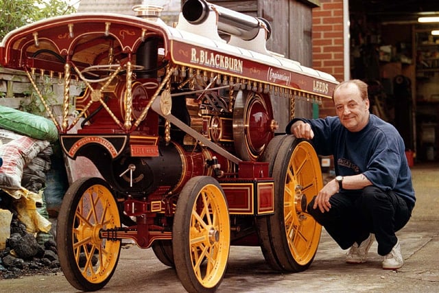 Randy Blackburn pictured at his home in Leeds with his ten year creation -  a scale model of a Fairground Engine.