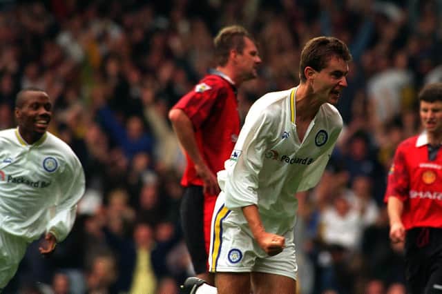 David Wetherall celebrates scoring against Manchester United at Elland Road in September 1997. PIC: Bruce Rollinson